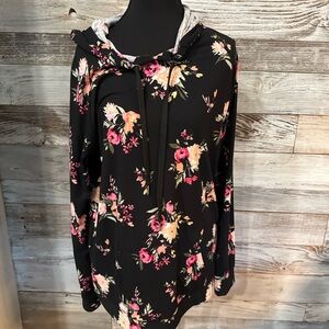 NWT Justify Black Soft Hoodie with Floral Accents and Hand Warmer Pocket